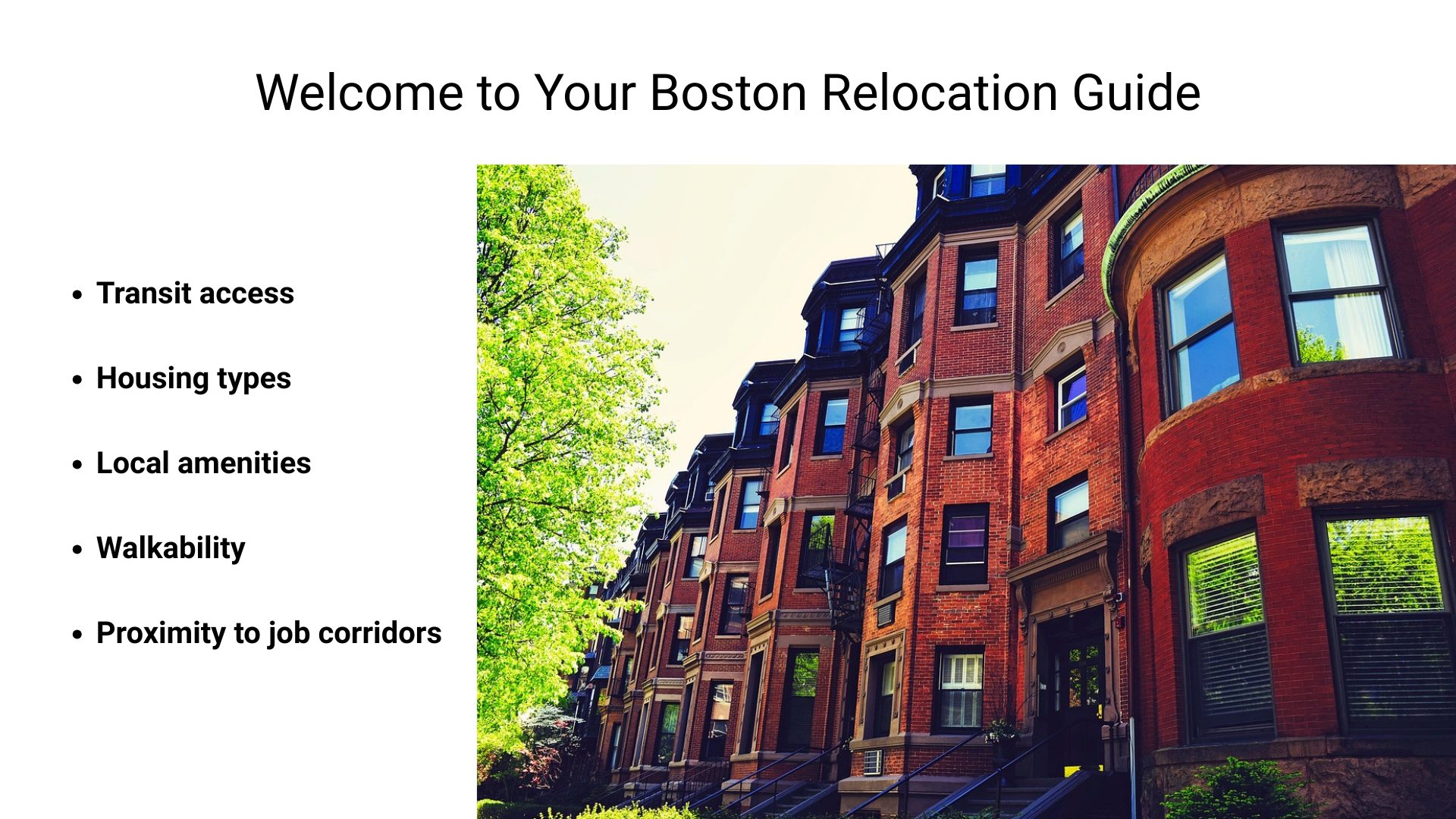 Historic Boston brownstone buildings highlighting housing types and amenities for new residents