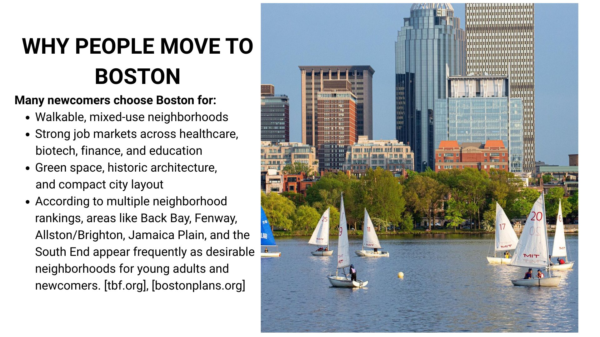 “Scenic Boston waterfront with skyline and relocation highlights about jobs, walkability, and neighborhoods.”
