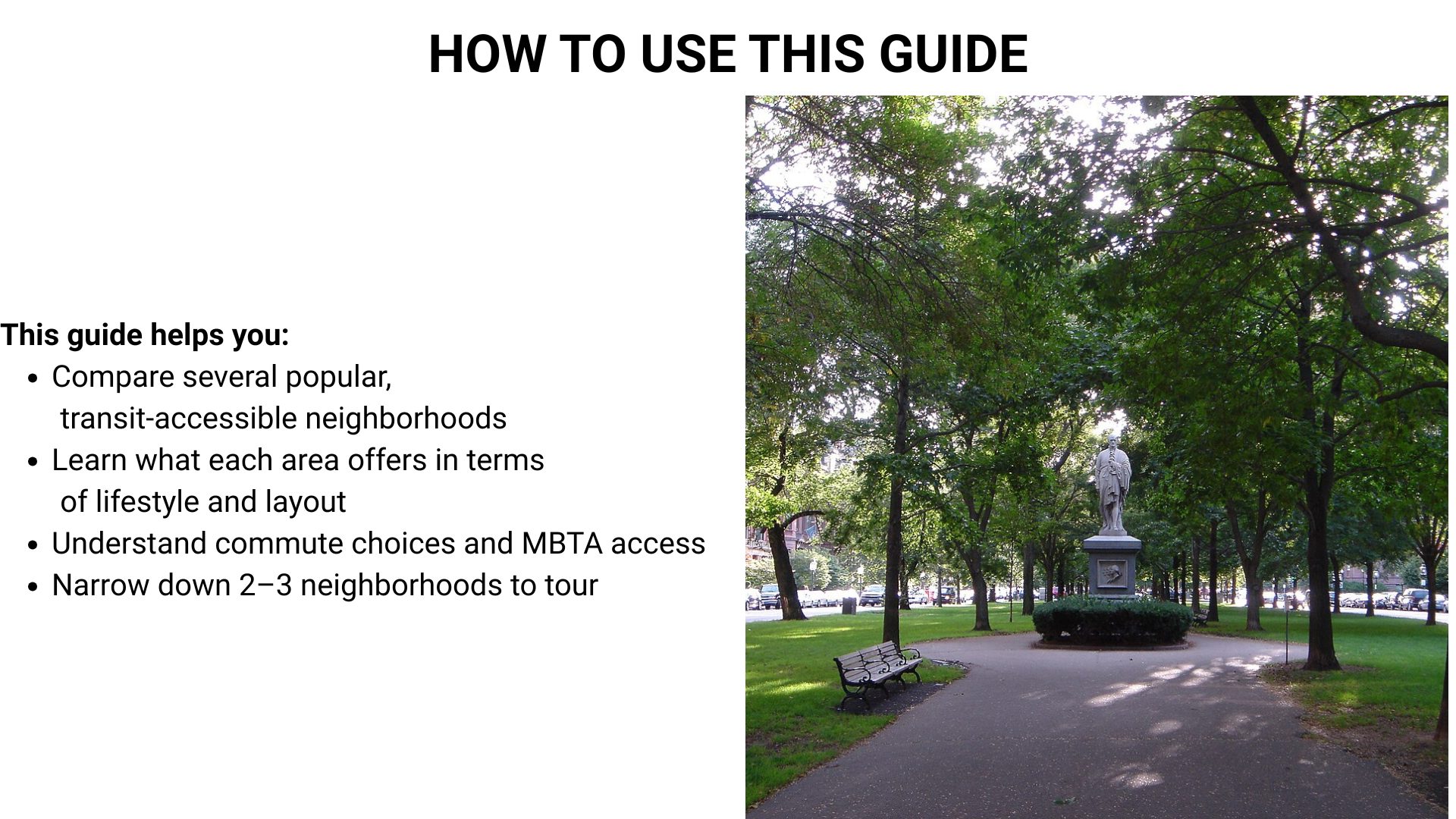 Boston relocation guide overview with park pathway and statue in a tree‑lined setting.