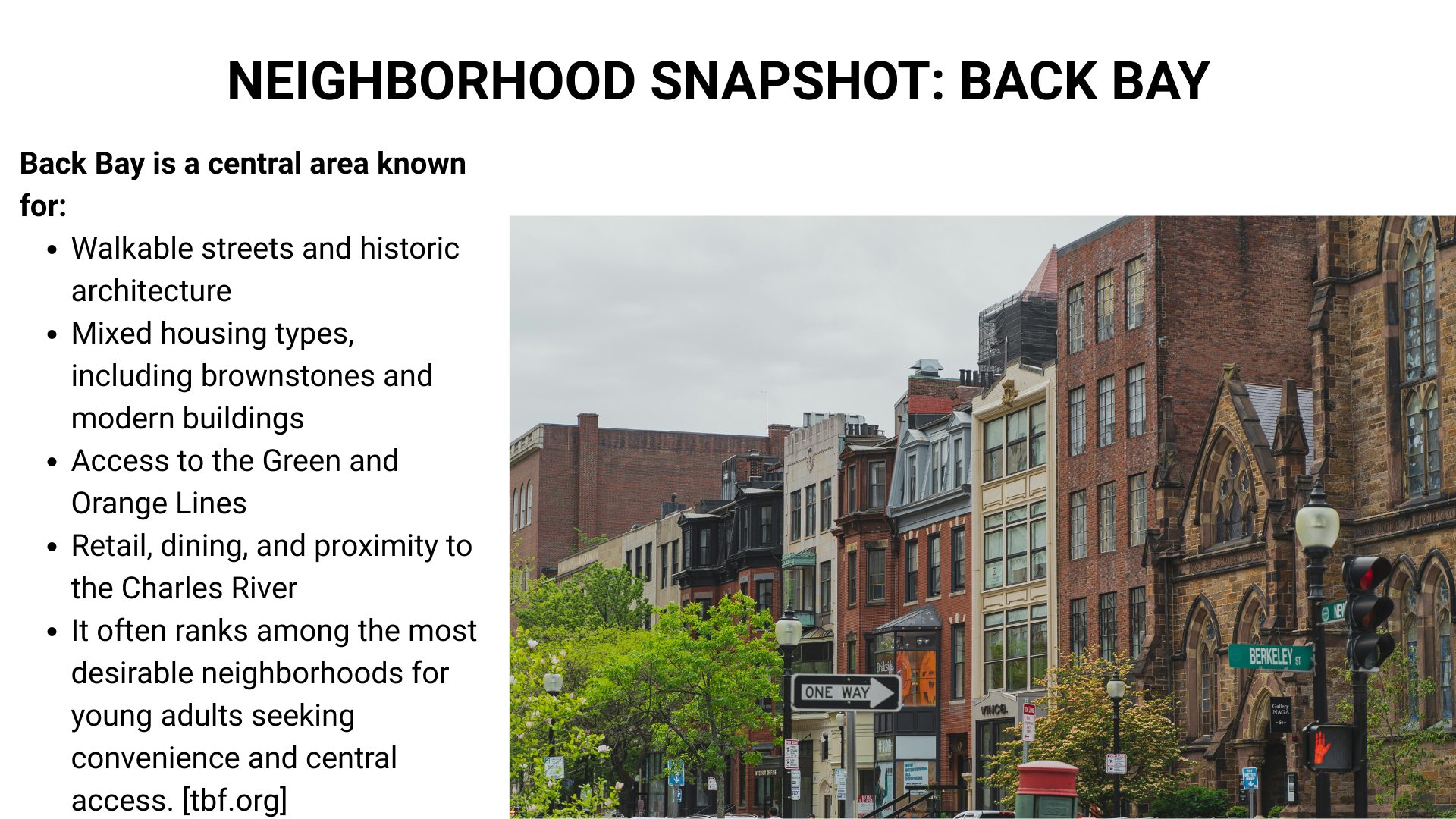 Historic Back Bay Boston streetscape with brownstones, gothic architecture, and central transit access.