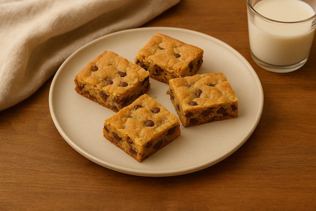 A plate holding four square chocolate chip cookie bars sits on a wooden surface beside a glass of milk, with a light cloth in the background.