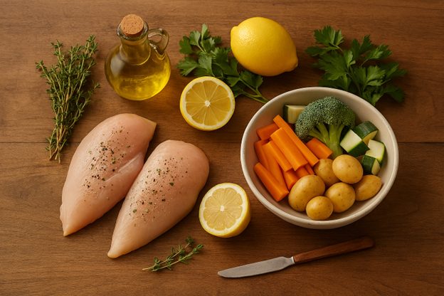 A wooden surface displaying raw seasoned chicken breasts, a bowl of mixed vegetables including broccoli, carrots, zucchini, and small potatoes, fresh thyme and parsley, a halved lemon, a whole lemon, a small bottle of olive oil, and a small knife.
